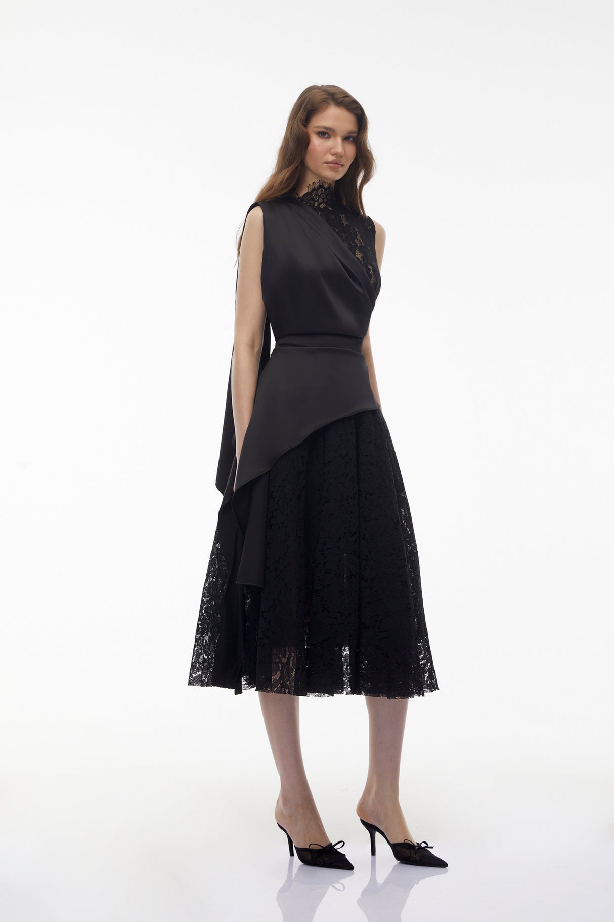 Aurohaya Bastet Black Floral Lace Pleated Maxi Dress