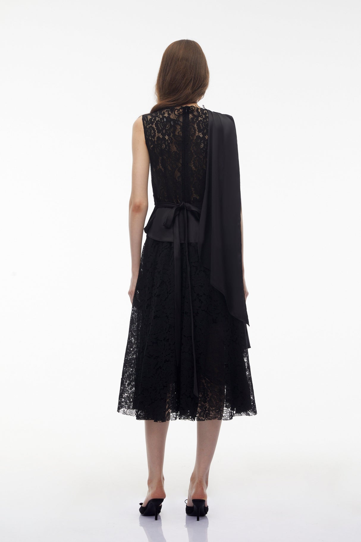 Aurohaya Bastet Black Floral Lace Pleated Maxi Dress
