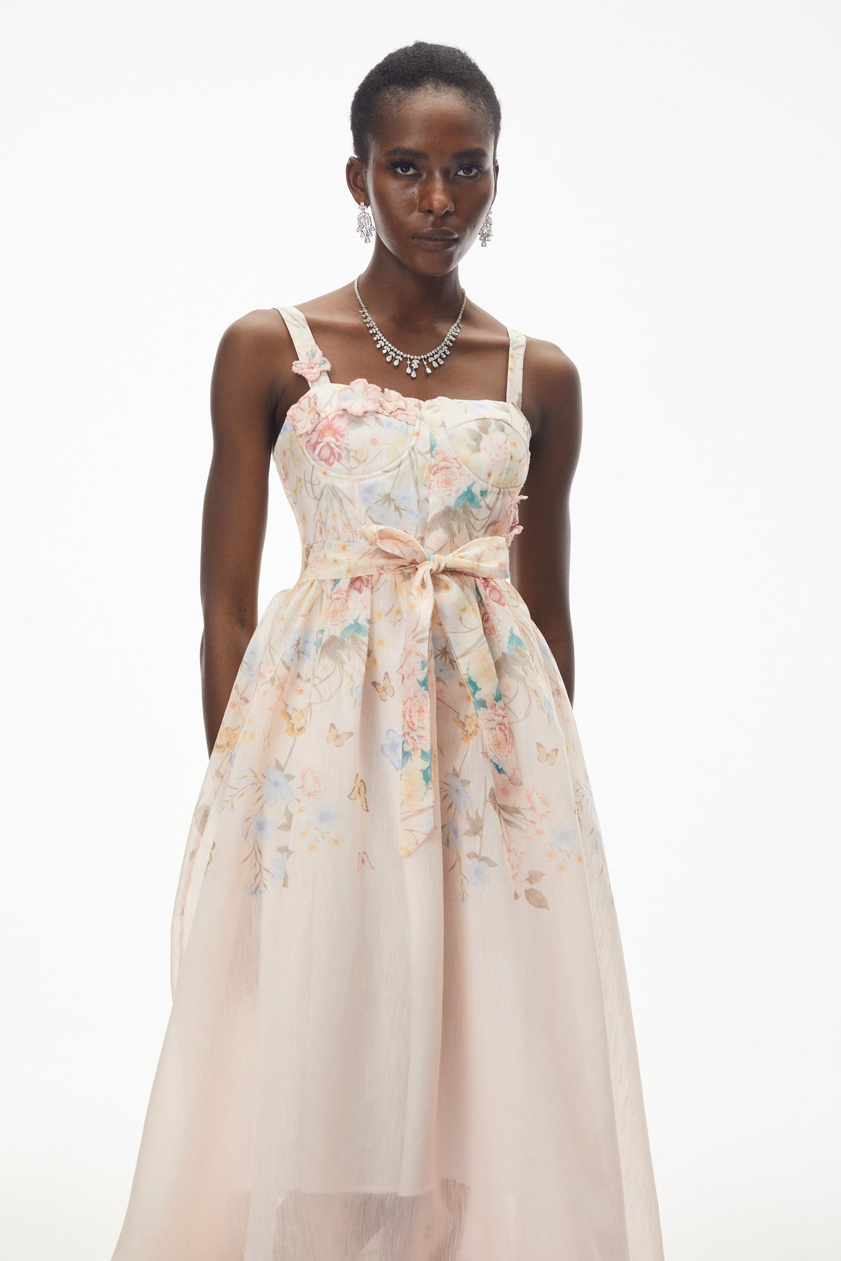 Aurohaya Baucis Pink Floral Print Midi Dress with Tie Waist