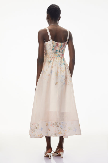 Aurohaya Baucis Pink Floral Print Midi Dress with Tie Waist
