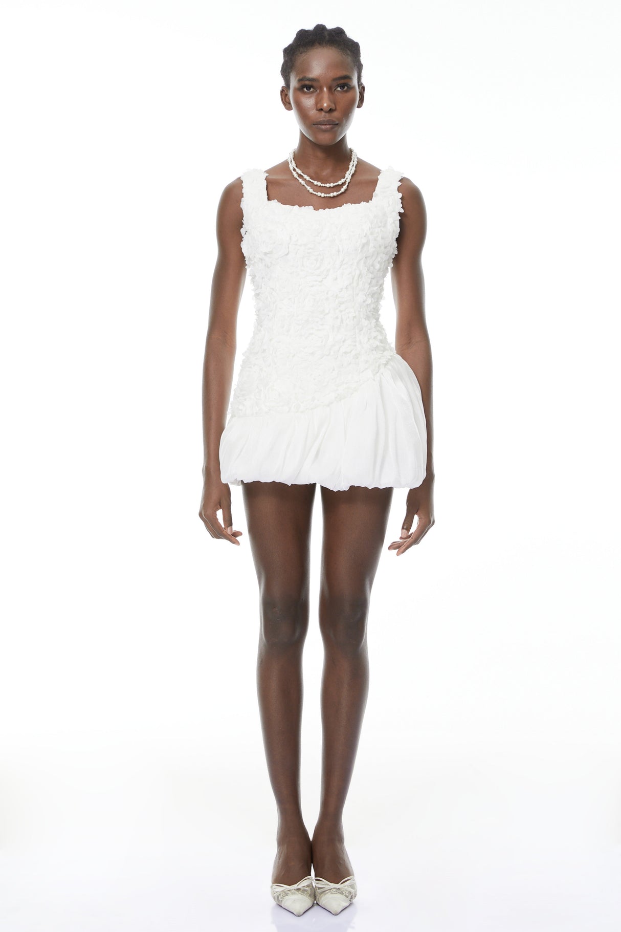 Aurohaya Beatrice White 3D Petal Bubble Mini Dress