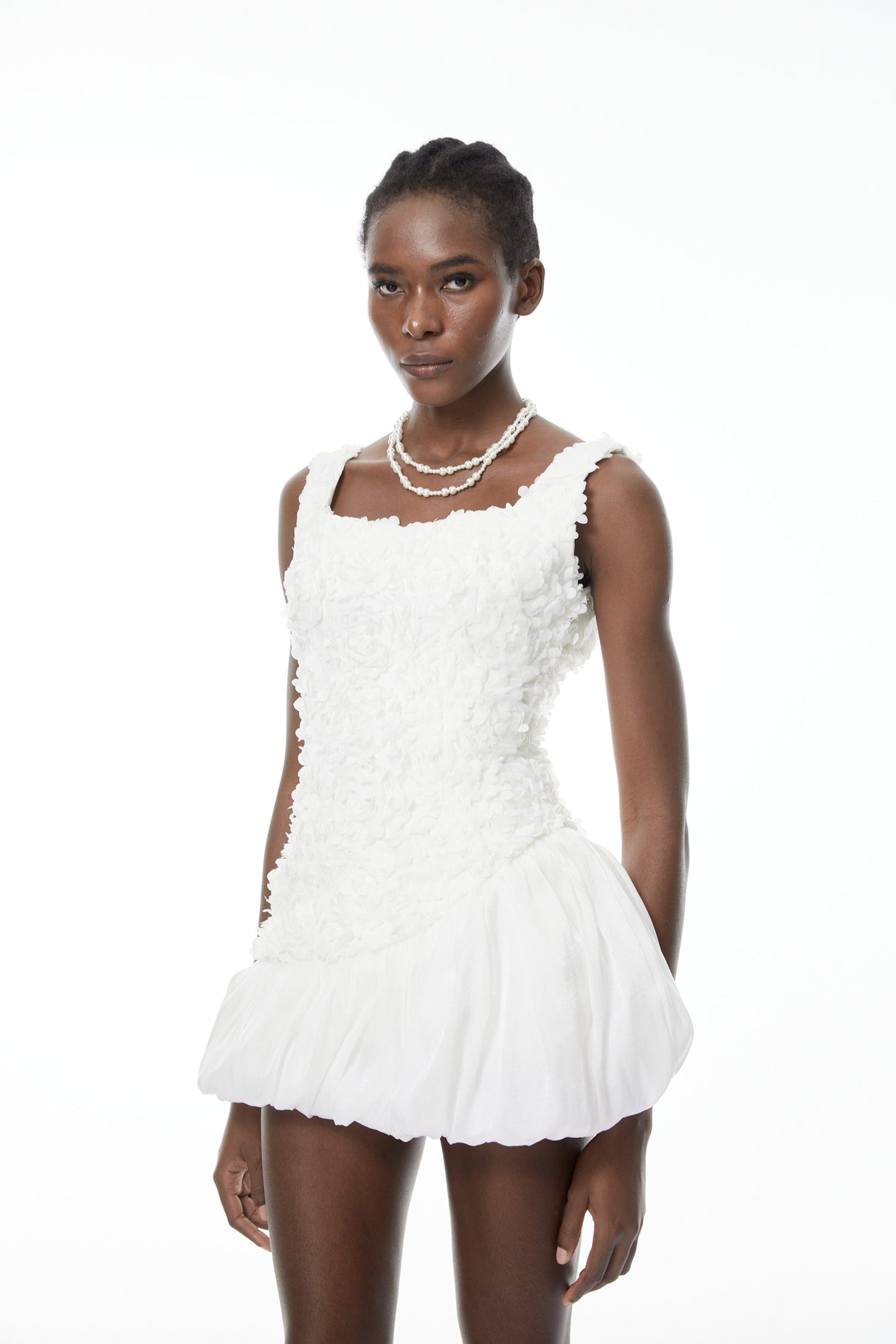 Aurohaya Beatrice White 3D Petal Bubble Mini Dress