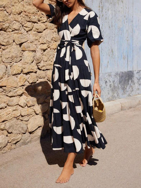 Aurohaya Puff Sleeve V-Neck Geometric Print Midi Dress