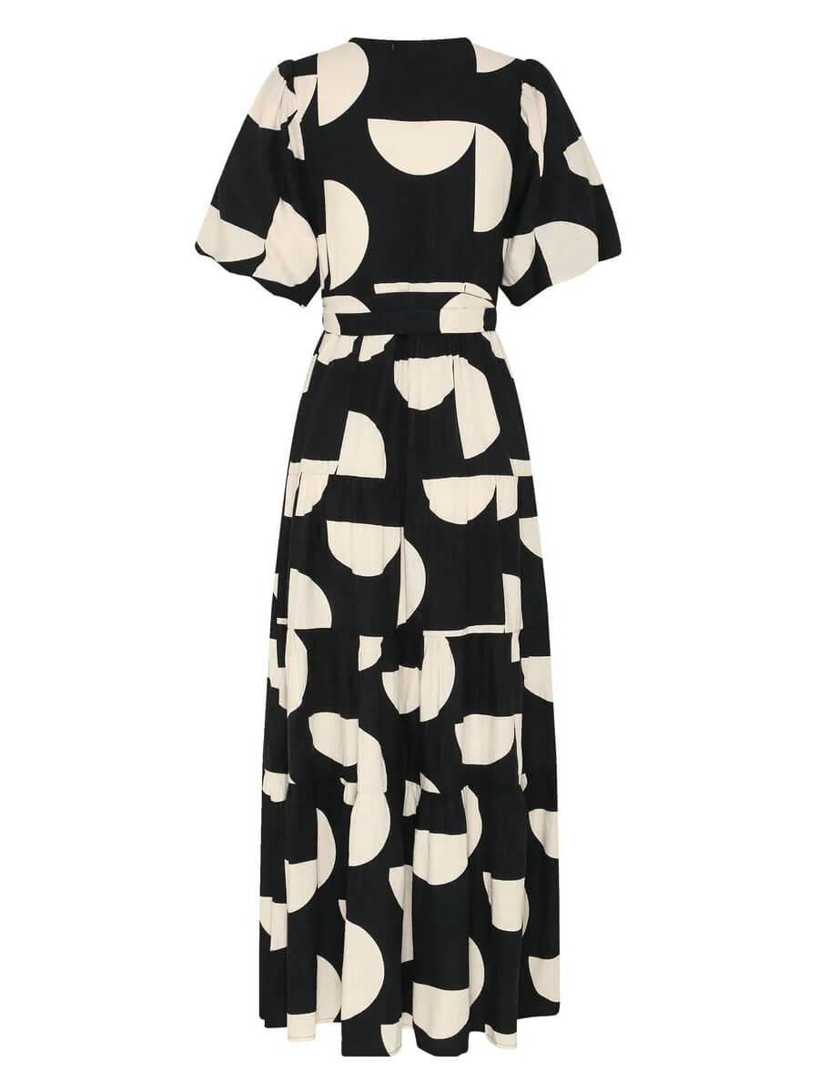 Aurohaya Puff Sleeve V-Neck Geometric Print Midi Dress