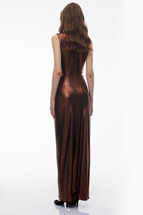 Aurohaya Berenike Metallic Bronze Ruched Satin Maxi Dress