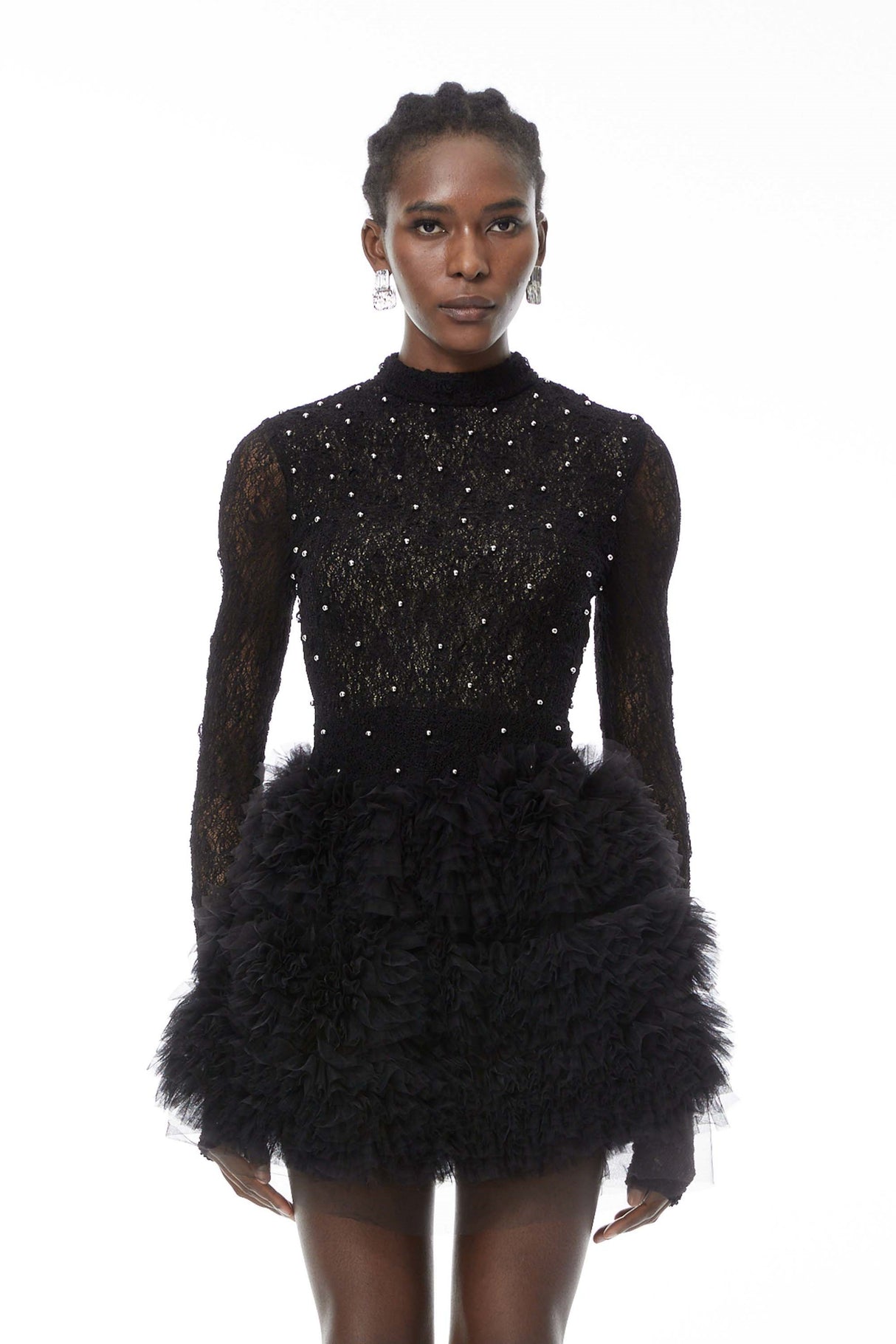 Aurohaya Bernice Black Embellished Tiered Mini Dress