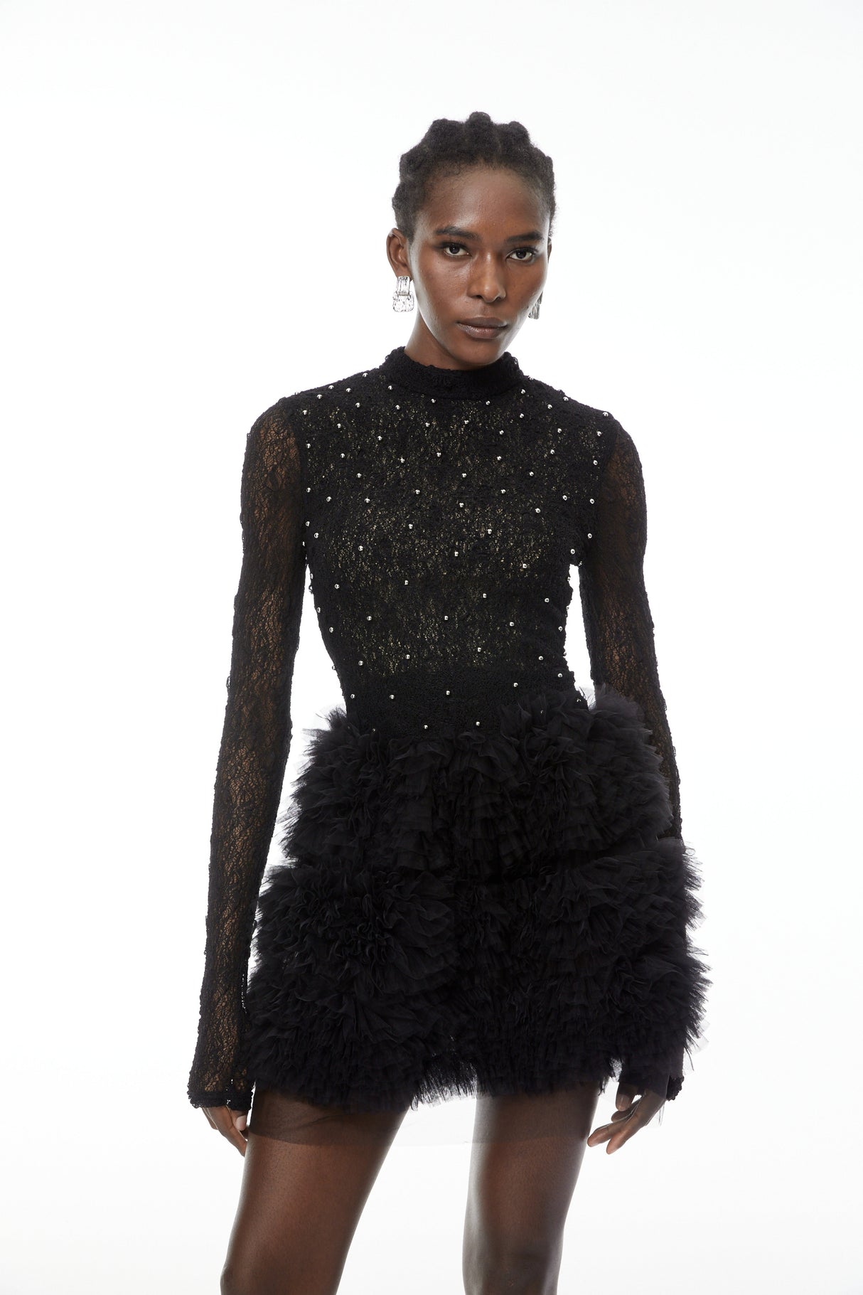 Aurohaya Bernice Black Embellished Tiered Mini Dress