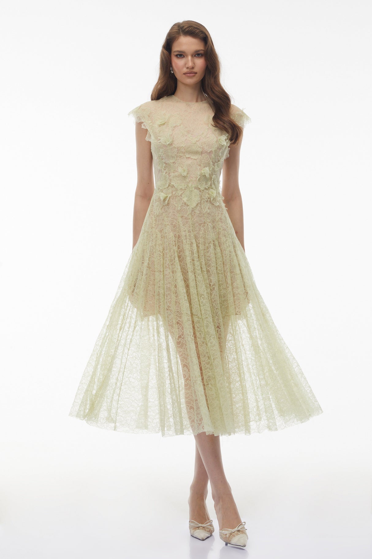 Aurohaya Béryl Green Floral Lace Midi Dress