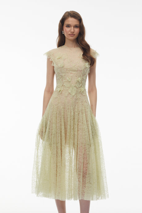 Aurohaya Béryl Green Floral Lace Midi Dress