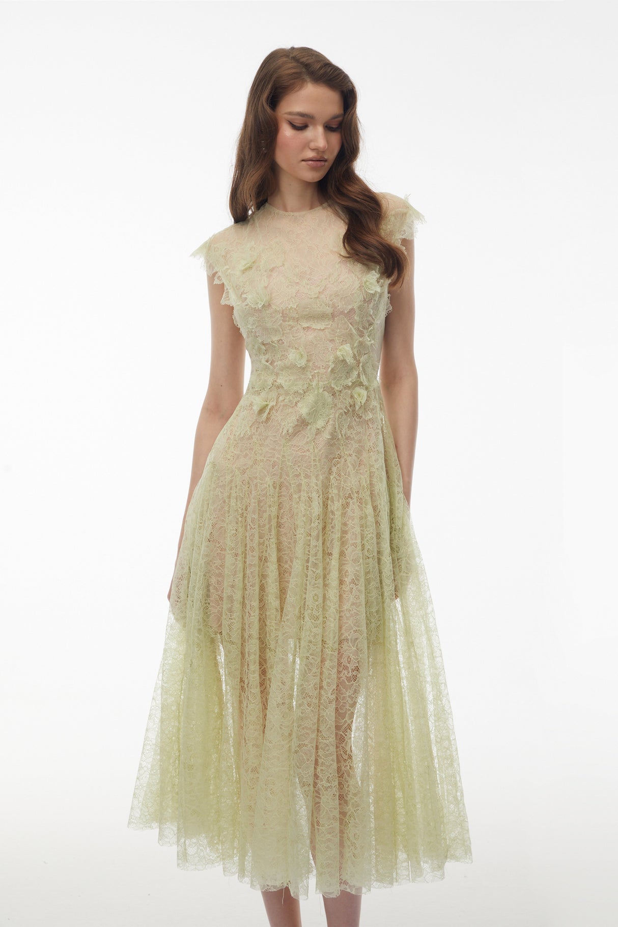 Aurohaya Béryl Green Floral Lace Midi Dress