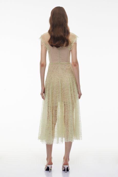 Aurohaya Béryl Green Floral Lace Midi Dress