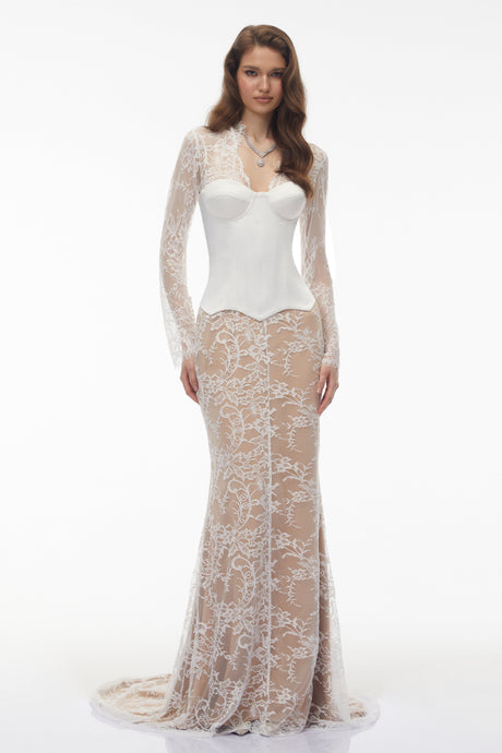 Aurohaya Bethany White Asymmetrical Lace Maxi Dress