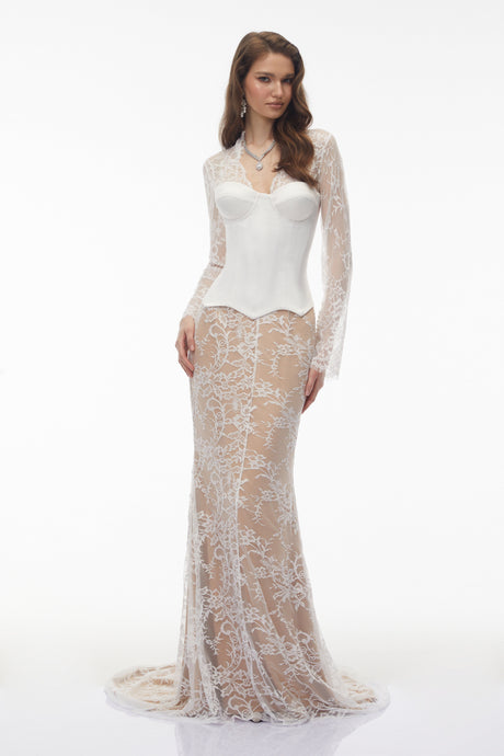 Aurohaya Bethany White Asymmetrical Lace Maxi Dress