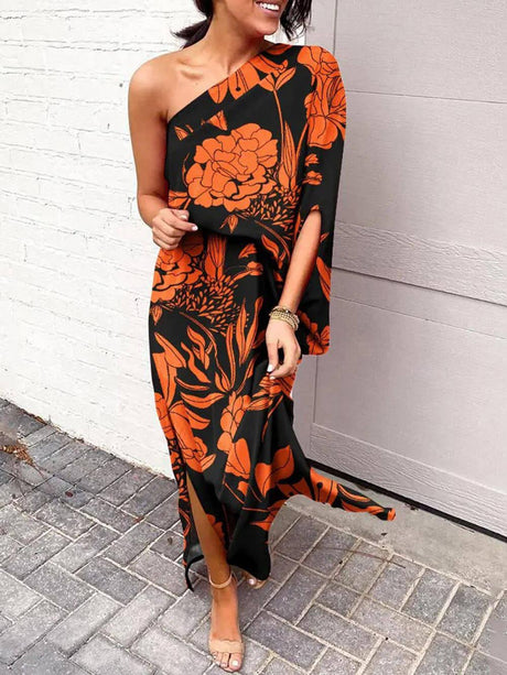 Aurohaya Exquisite Rose Print One Shoulder Slit Maxi Dress Black