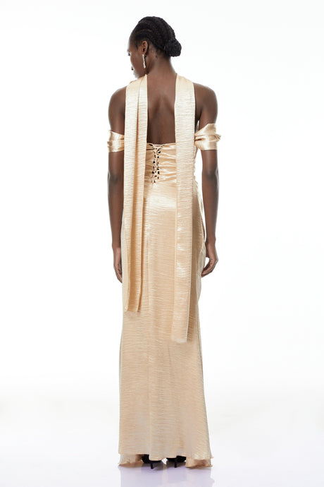 Aurohaya Blanche Gold Off Shoulder Mermaid Maxi Dress
