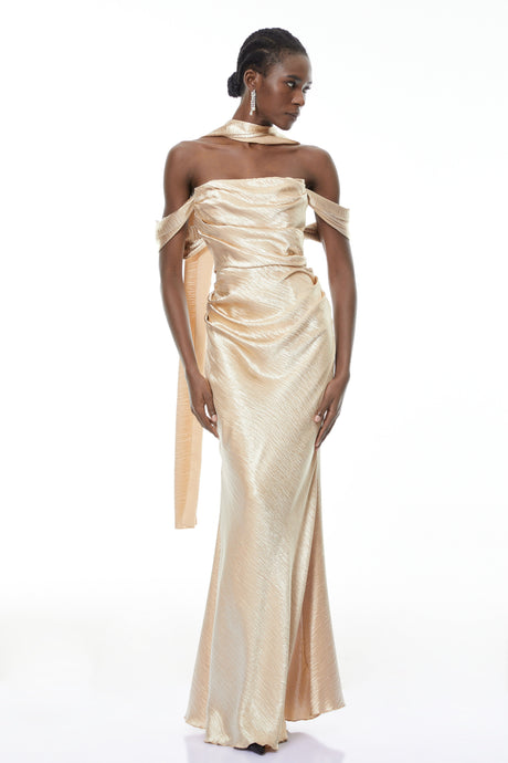 Aurohaya Blanche Gold Off Shoulder Mermaid Maxi Dress