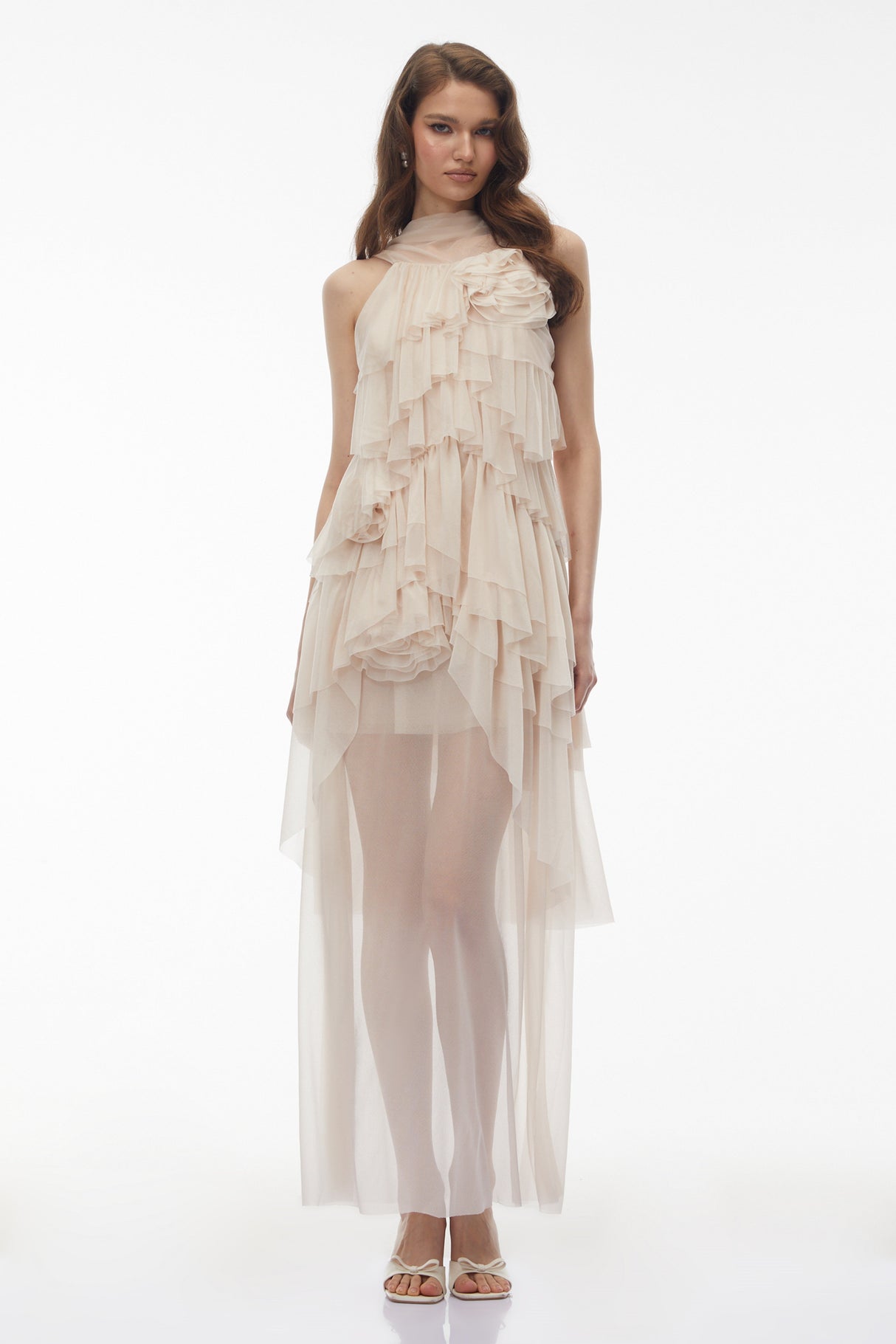 Aurohaya Blanche Neutral Floral Ruffled Maxi Dress