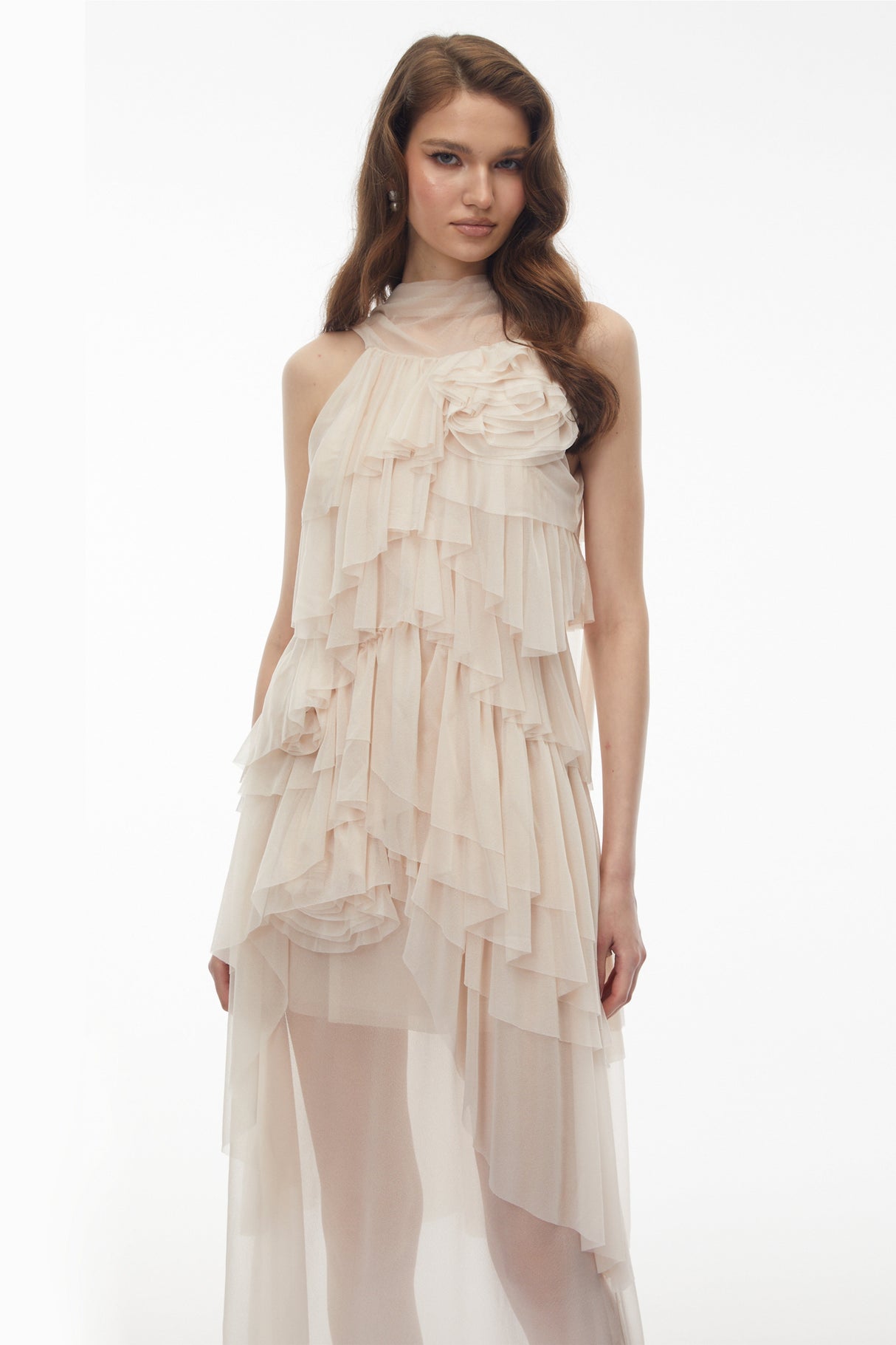 Aurohaya Blanche Neutral Floral Ruffled Maxi Dress