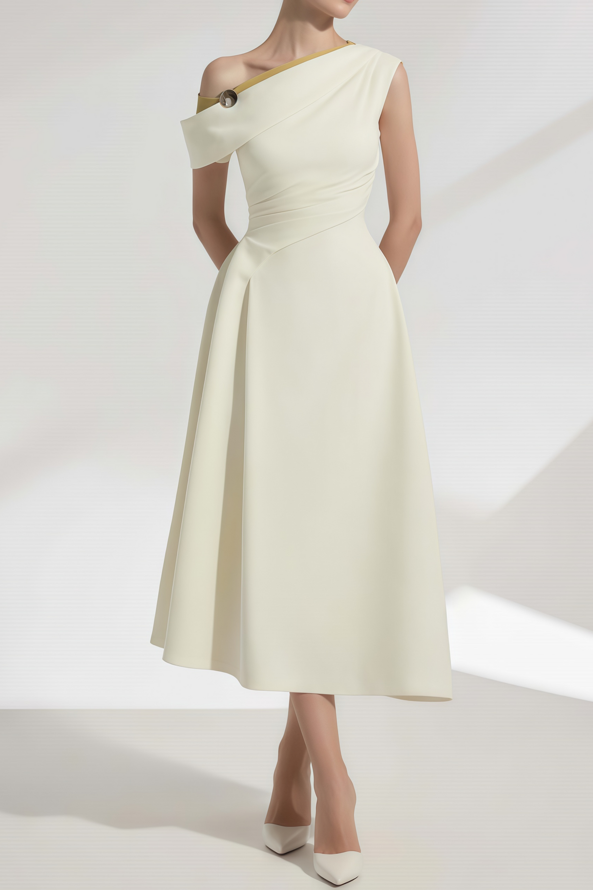 Aurohaya Blossom White One Shoulder Ruched Midi Dress