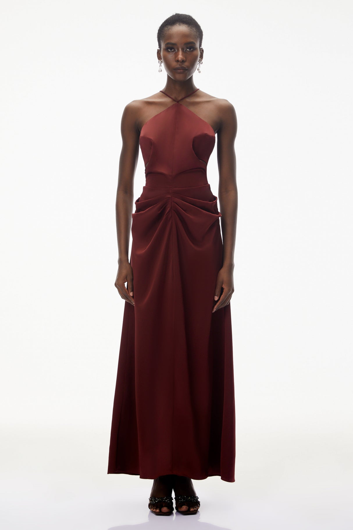 Aurohaya Bozhena Red Halterneck Ruched Maxi Dress