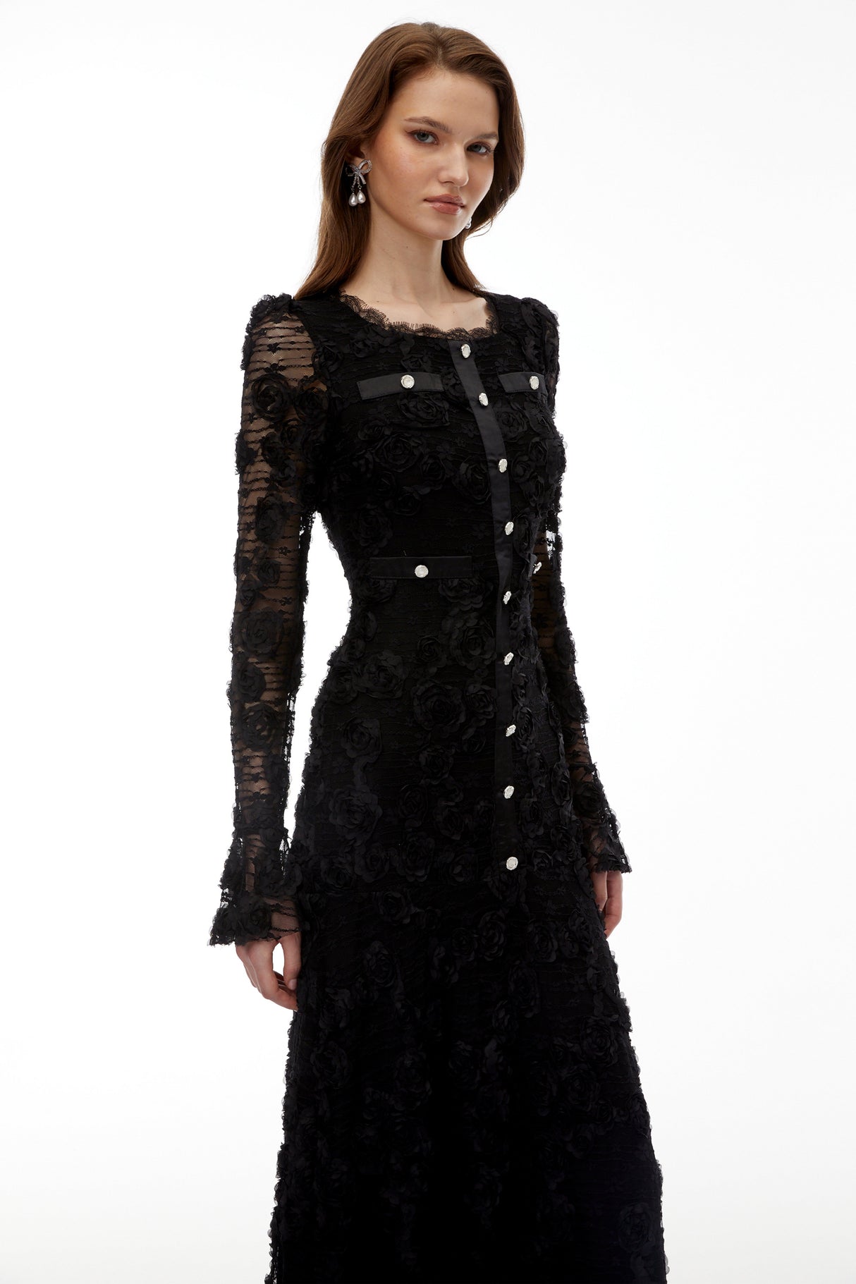 Aurohaya Branwen Black 3D-Floral Embroidered Lace Maxi Dress
