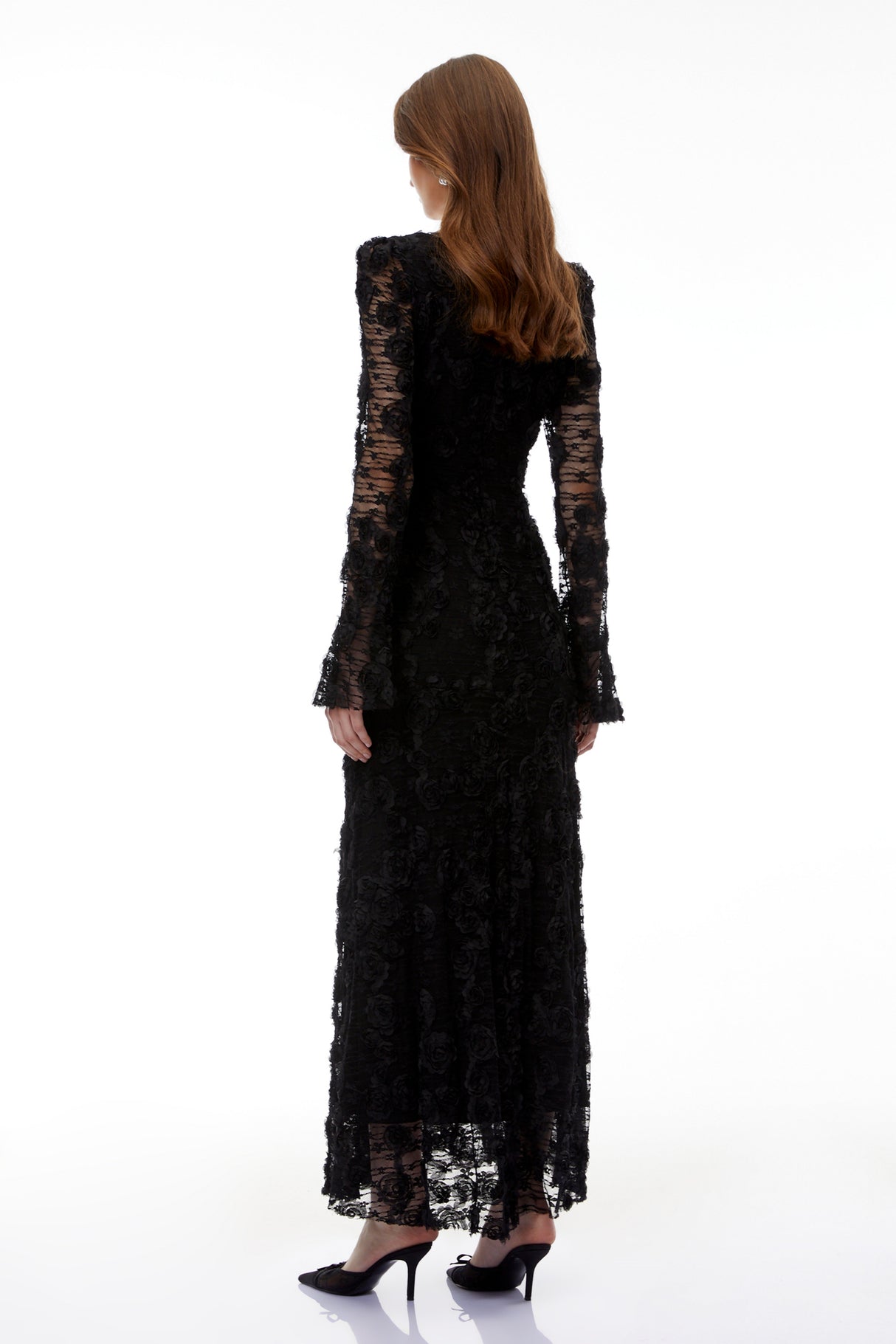 Aurohaya Branwen Black 3D-Floral Embroidered Lace Maxi Dress