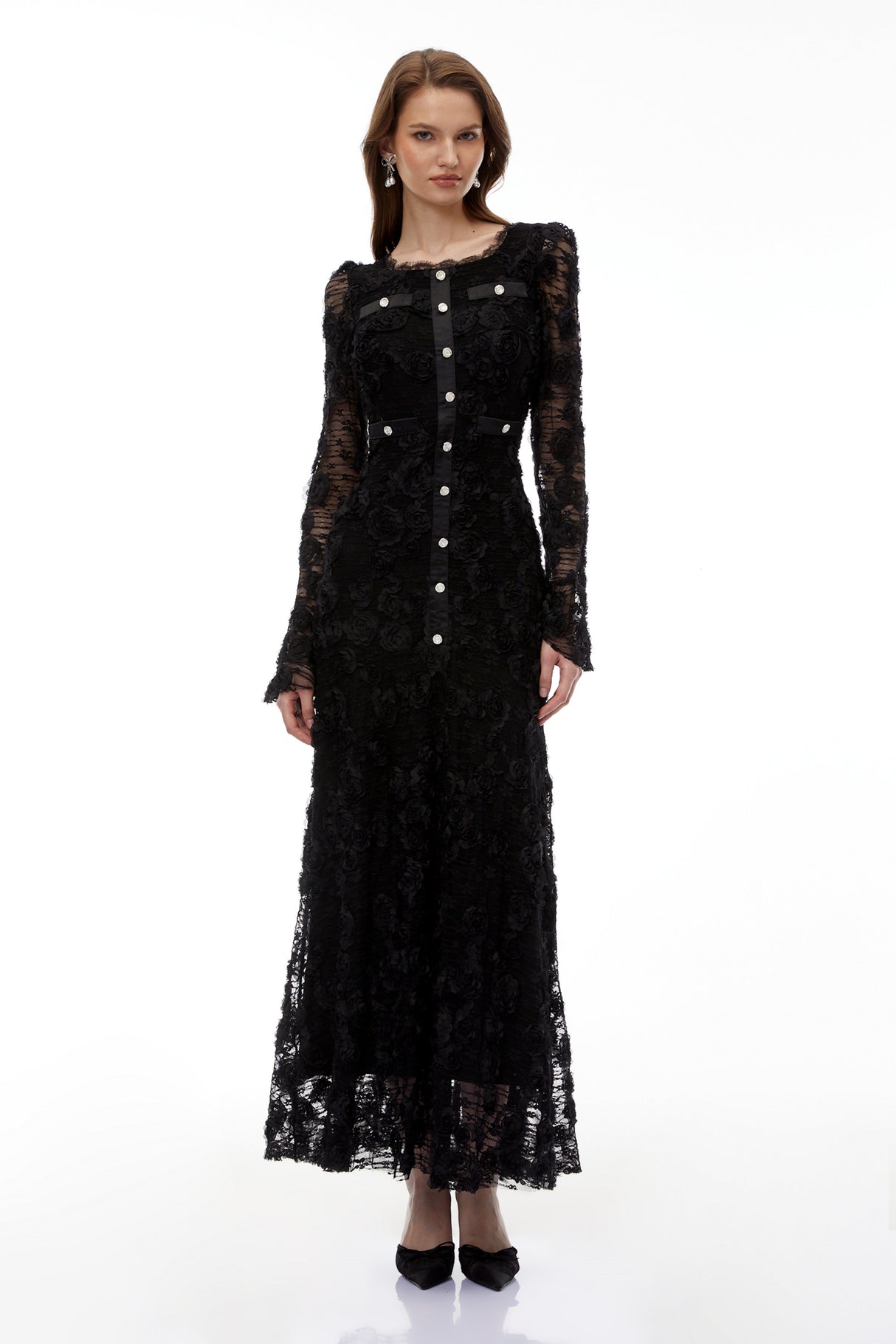 Aurohaya Branwen Black 3D-Floral Embroidered Lace Maxi Dress