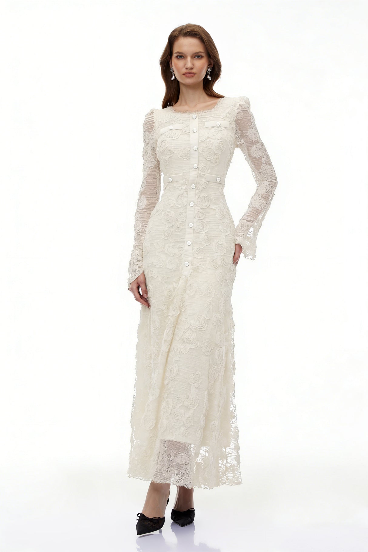 Aurohaya Branwen Neutral 3D-Floral Embroidered Lace Maxi Dress