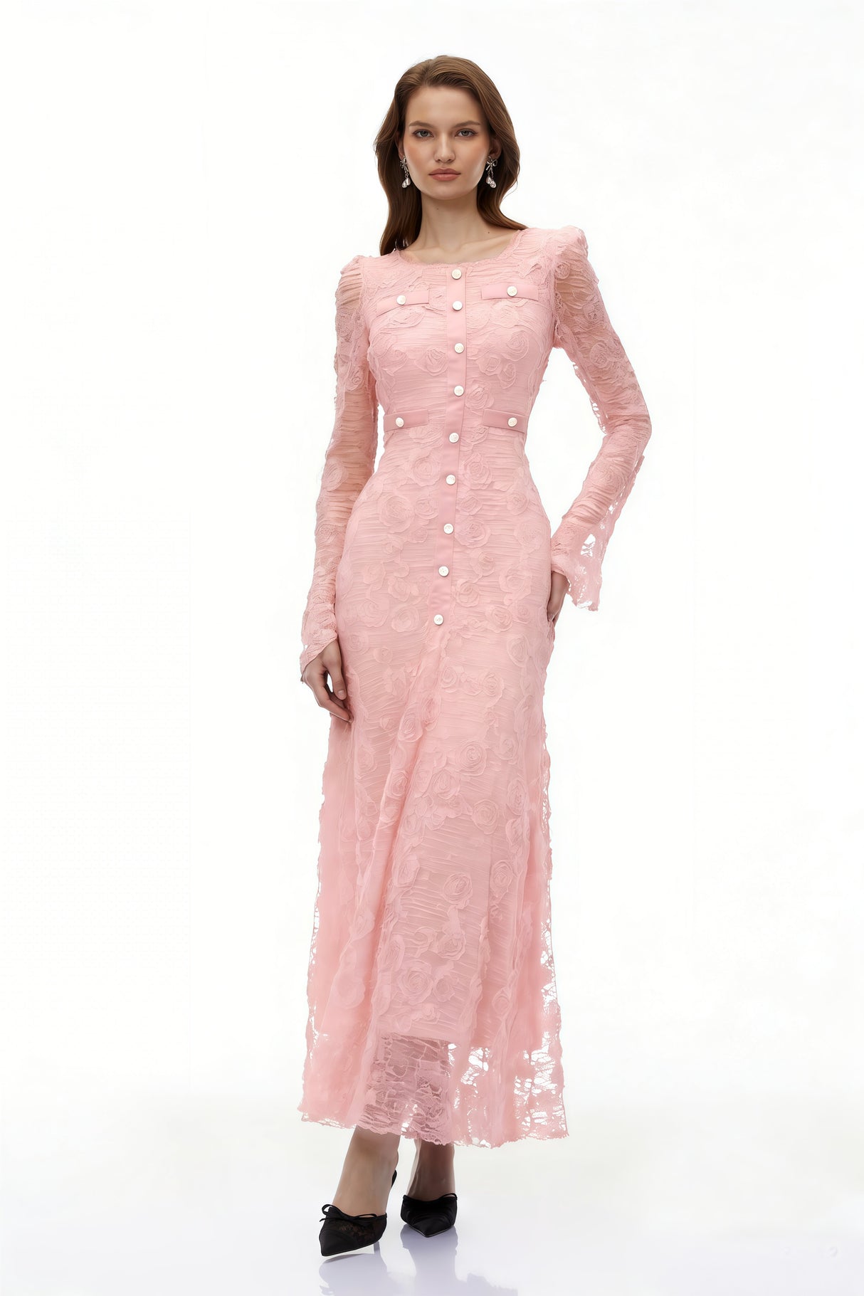 Aurohaya Branwen Pink 3D-Floral Embroidered Lace Maxi Dress