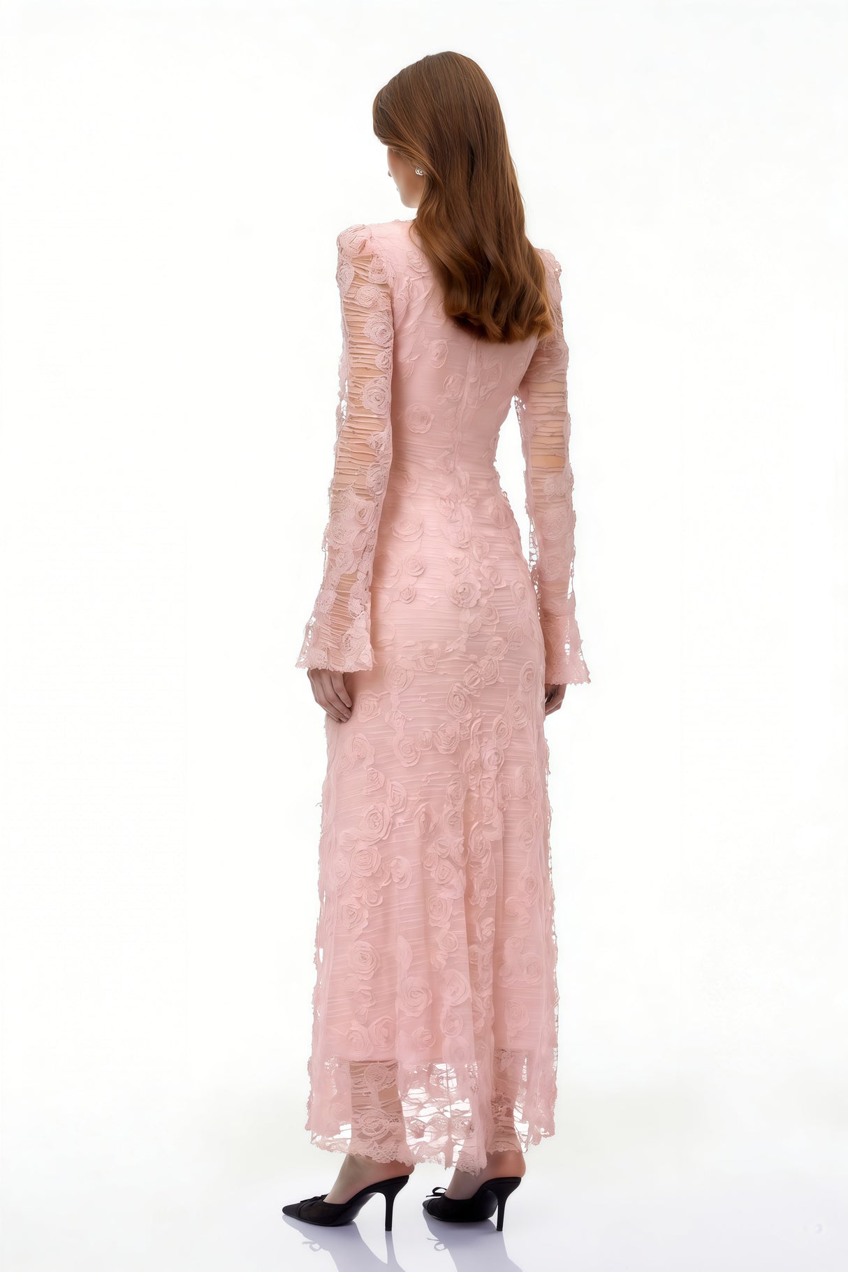 Aurohaya Branwen Pink 3D-Floral Embroidered Lace Maxi Dress