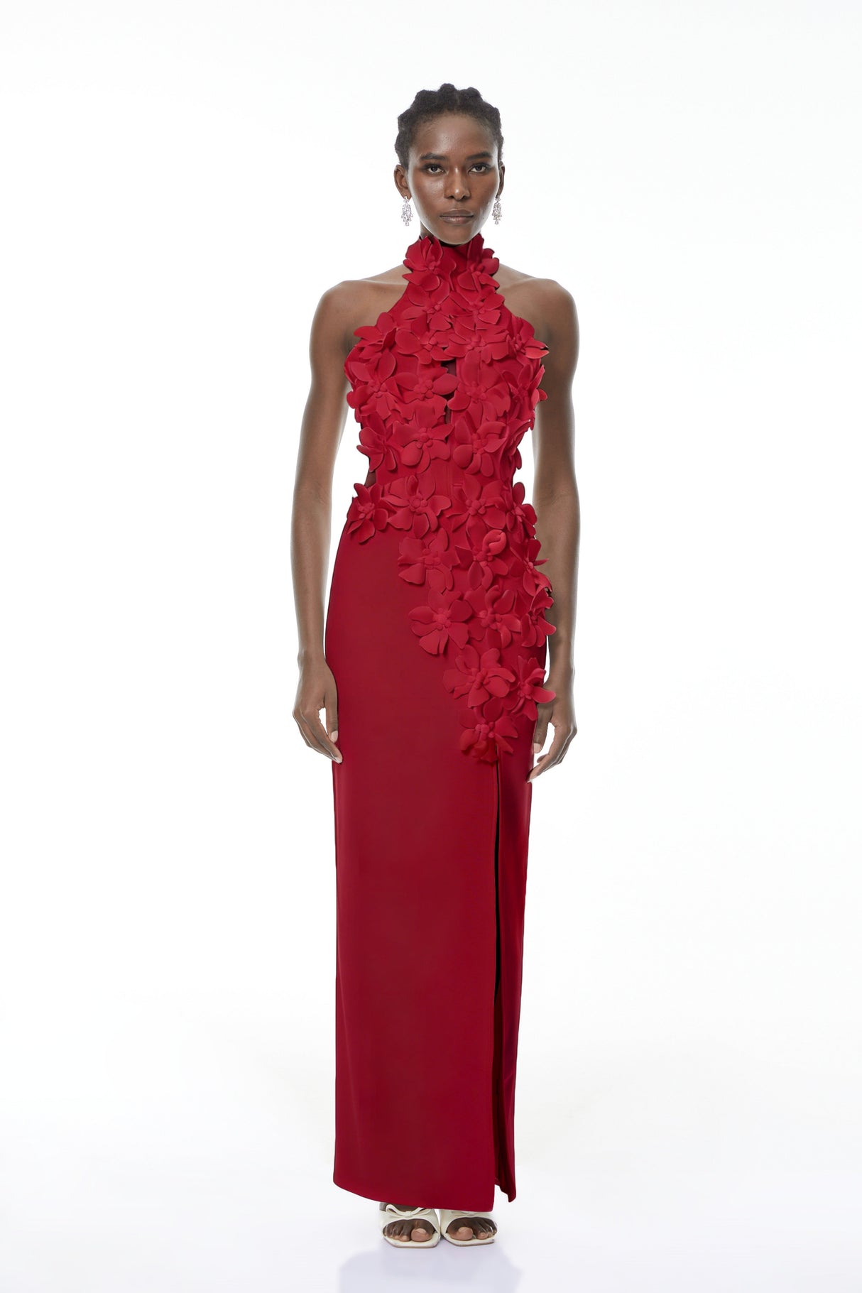 Aurohaya Brian Red Halterneck 3D Petal Maxi Dress