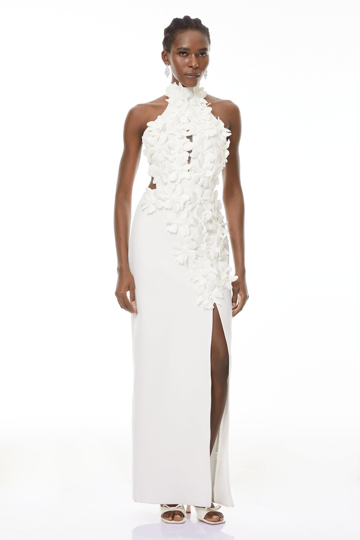 Aurohaya Brian White Halterneck 3D Petal Maxi Dress