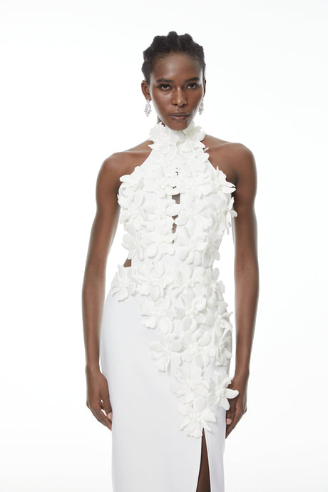 Aurohaya Brian White Halterneck 3D Petal Maxi Dress