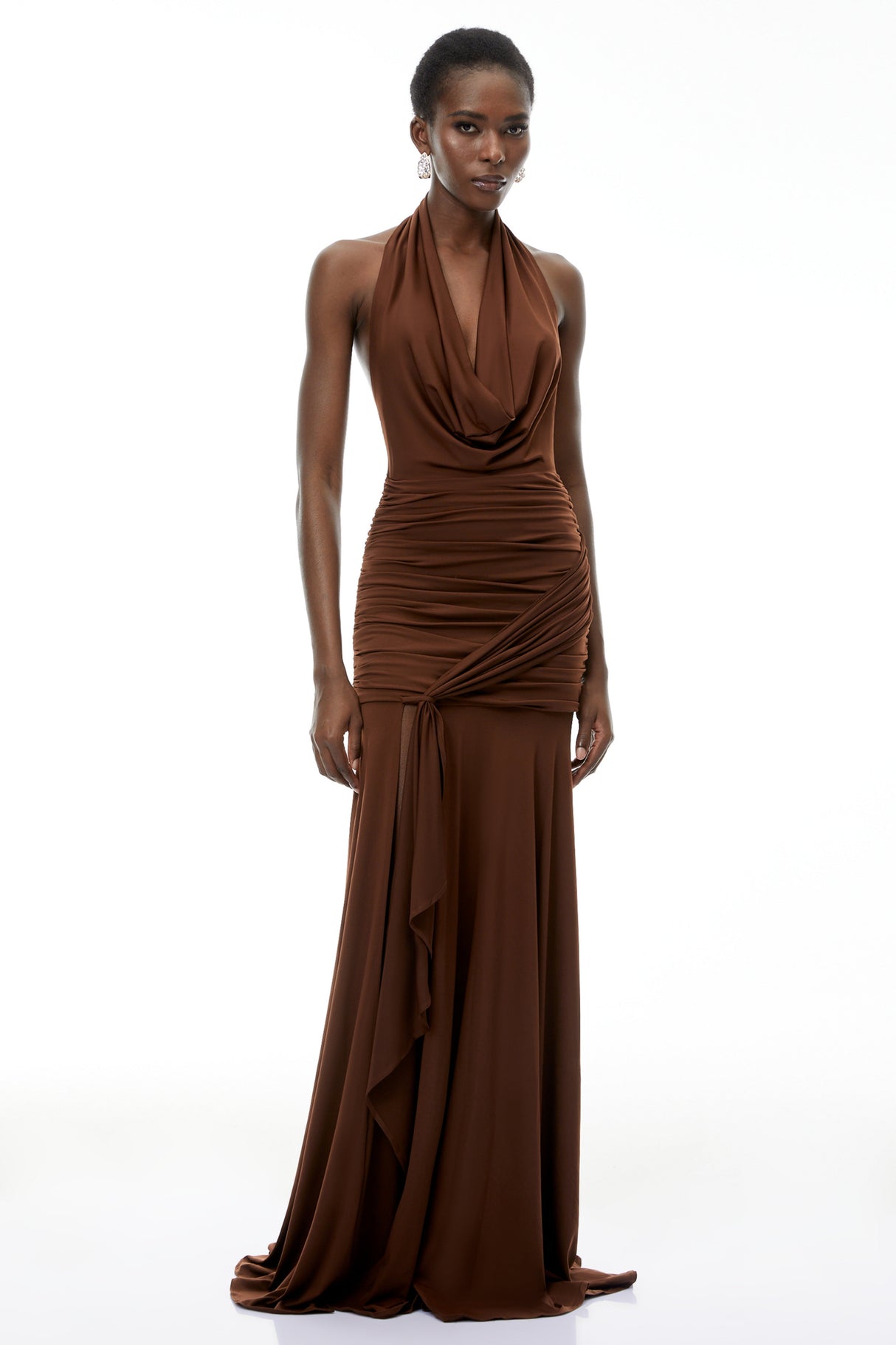 Aurohaya Brianna Chocolate Brown Halterneck Ruched Maxi Dress
