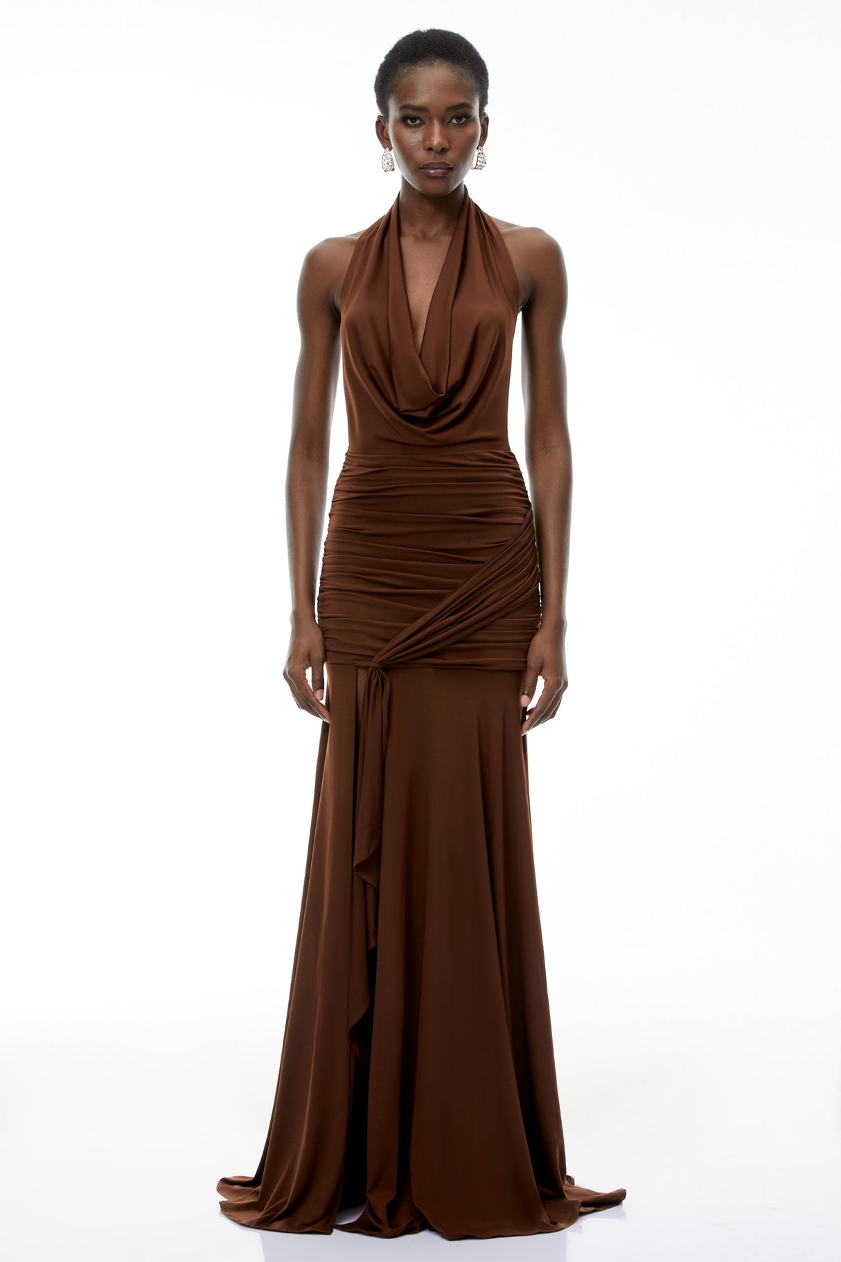 Aurohaya Brianna Chocolate Brown Halterneck Ruched Maxi Dress