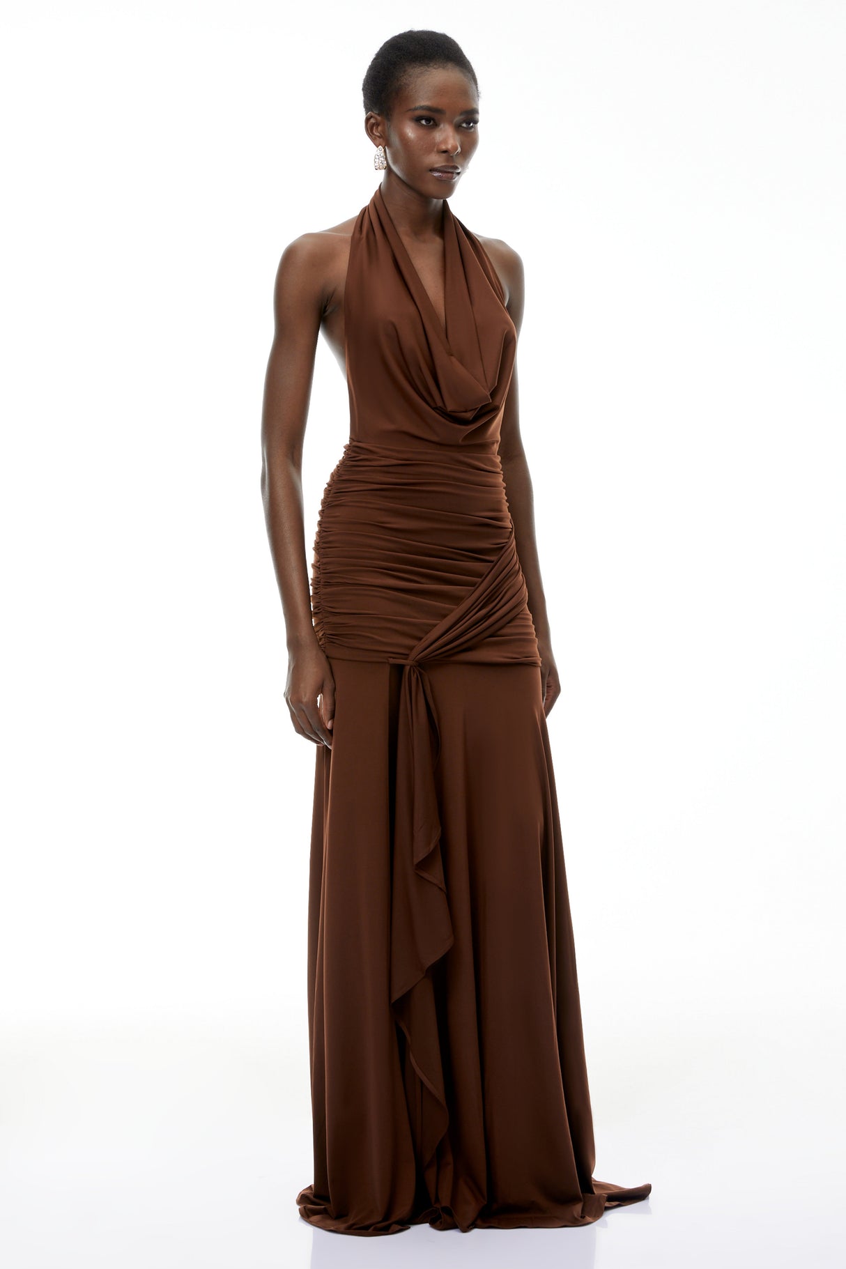 Aurohaya Brianna Chocolate Brown Halterneck Ruched Maxi Dress
