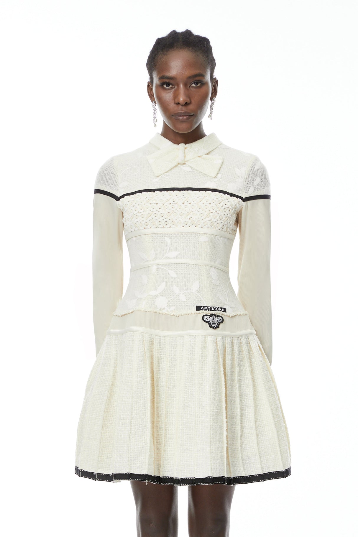 Aurohaya Bridget White Pleated Mini Dress with Bow-Tie