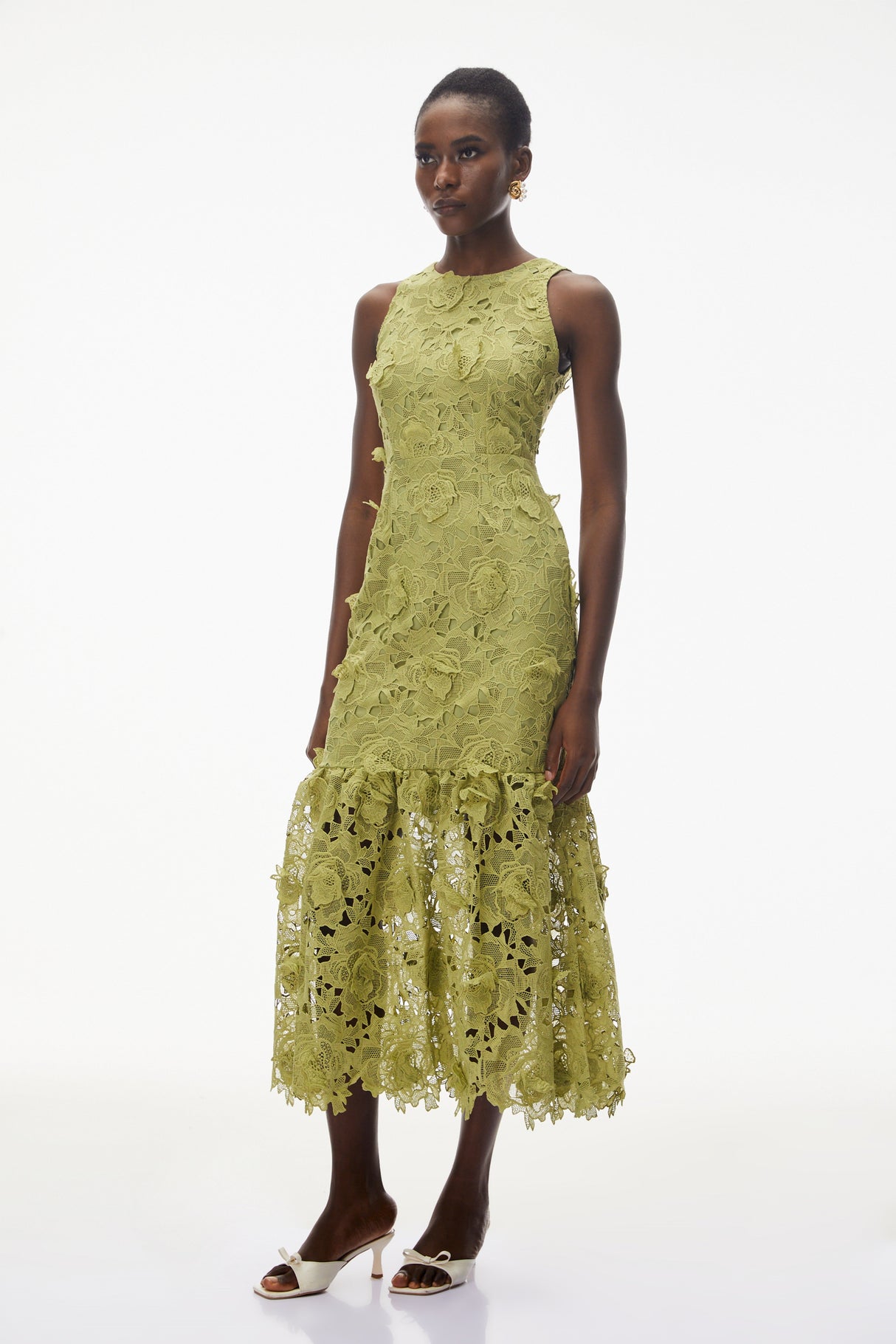 Aurohaya Briseis Olive Green Midi Dress with 3D Florals