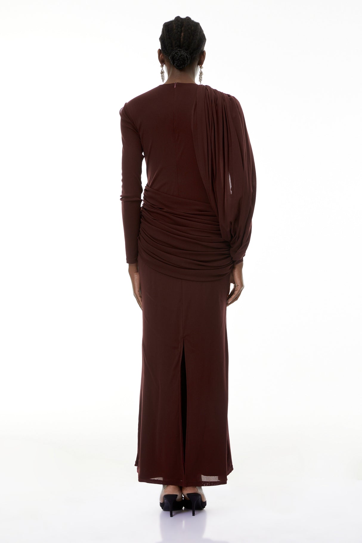 Aurohaya Briseis Russet Asymmetrical Ruched Maxi Dress