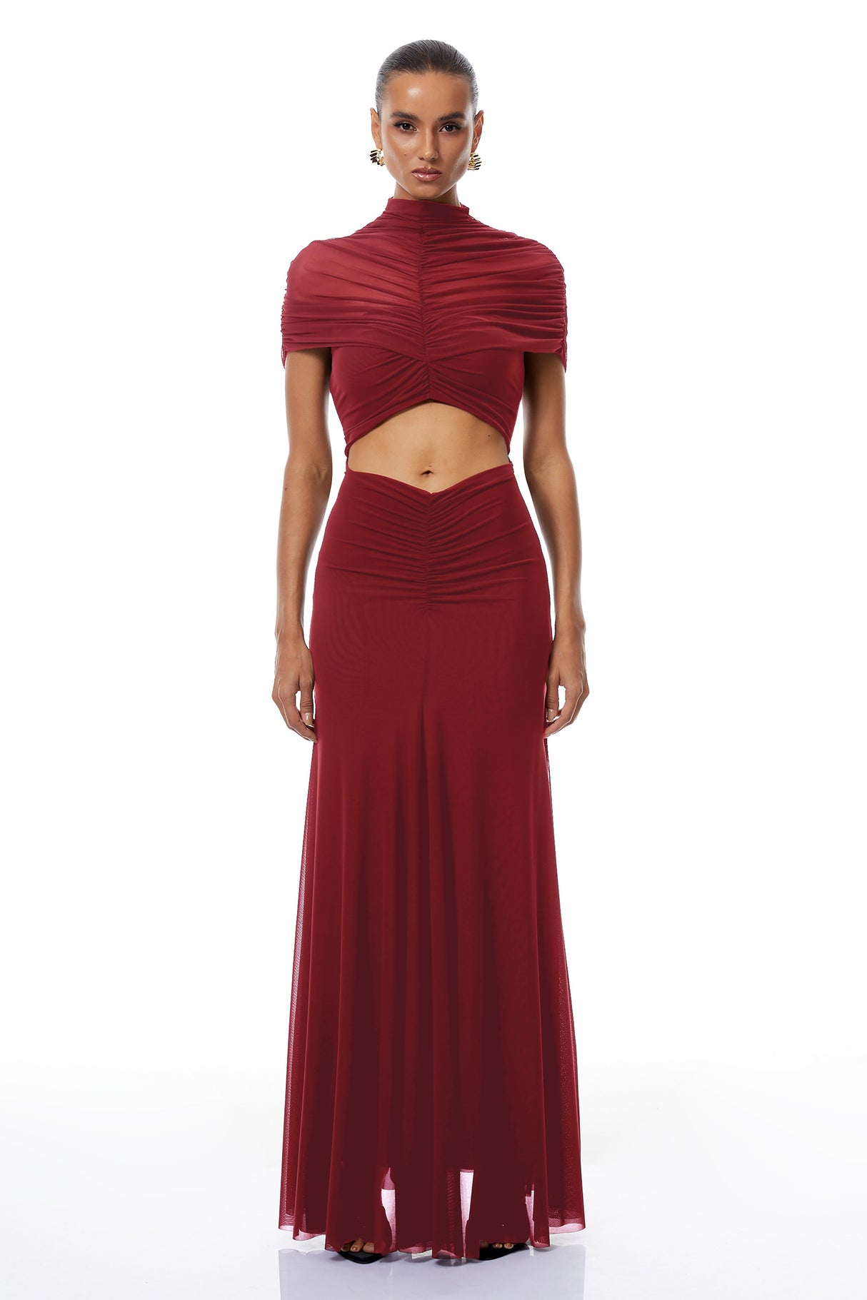 Aurohaya Bruna Red Cut-Out Ruched Mesh Maxi Dress