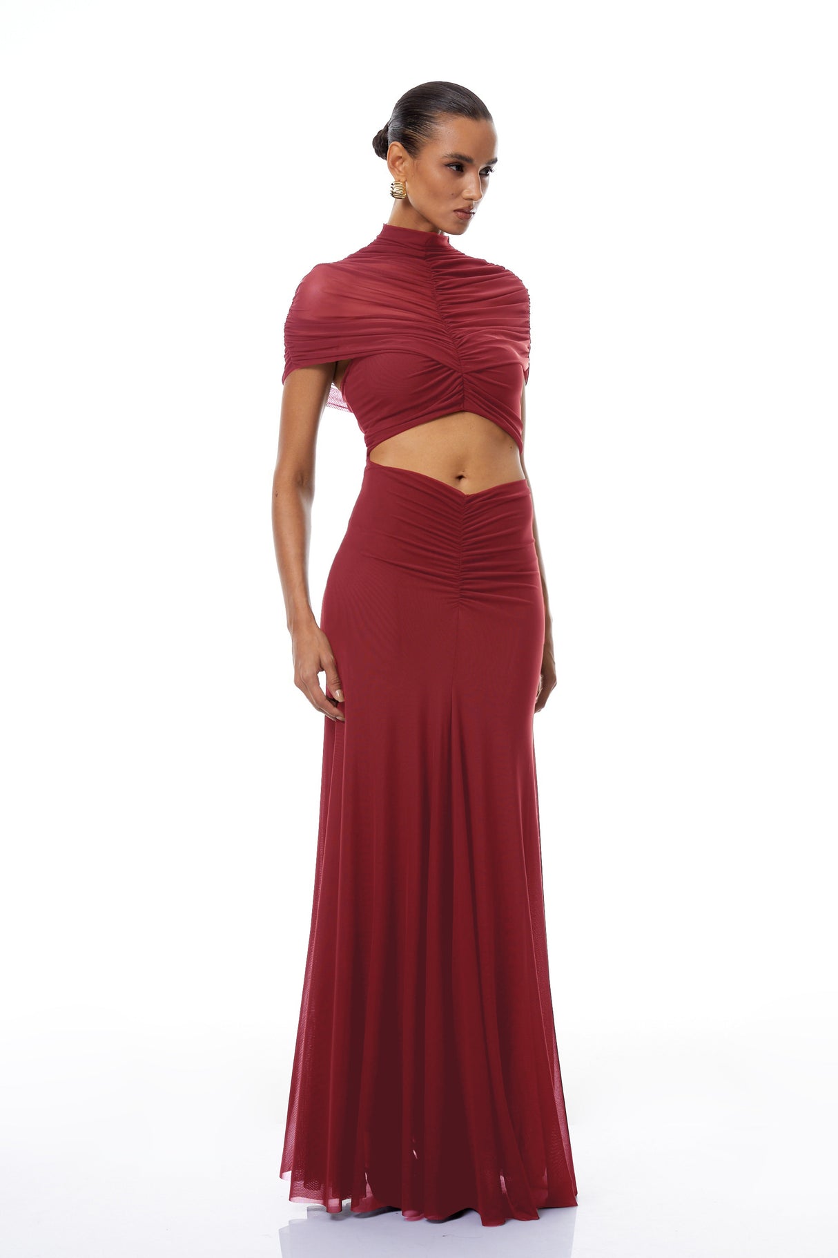 Aurohaya Bruna Red Cut-Out Ruched Mesh Maxi Dress