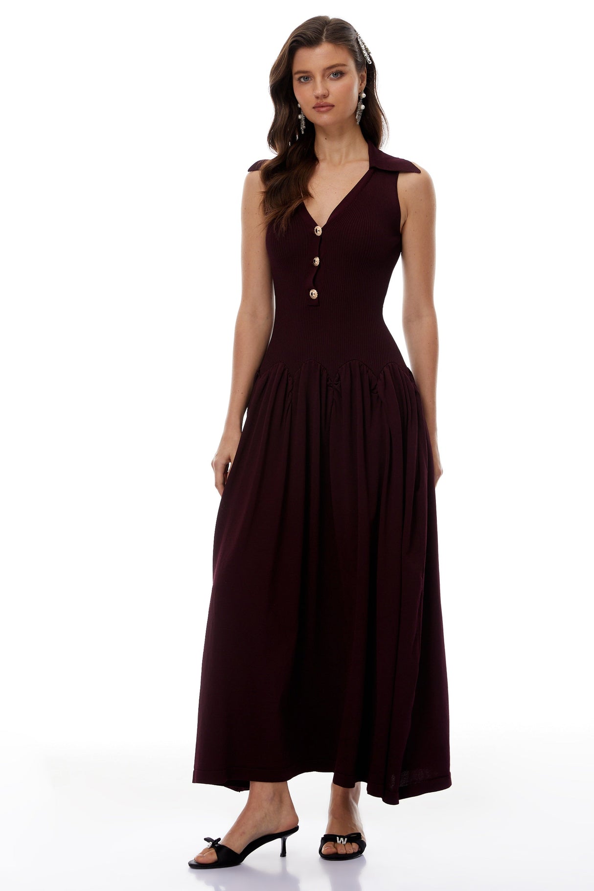 Aurohaya Brynhildur Burgundy Sleeveless Knit Maxi Dress