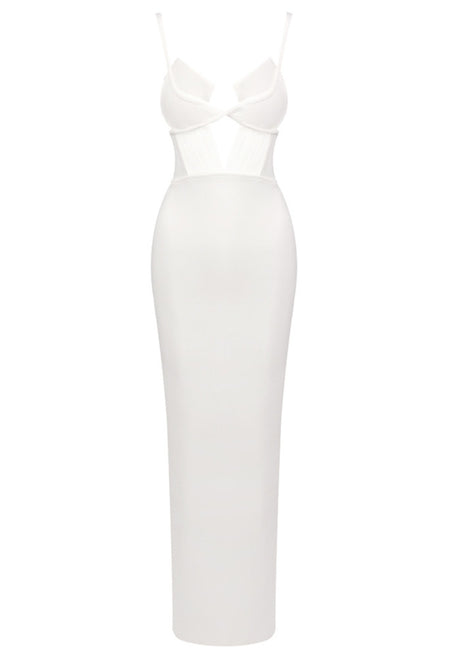 Bustier Draped Mesh Insert Maxi Dress White