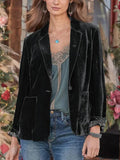 Aurohaya Vintage Velvet Blazer for Women Single-Breasted Lapel Collar Jacket with Pockets