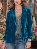 Aurohaya Vintage Velvet Blazer for Women Single-Breasted Lapel Collar Jacket with Pockets