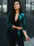 Aurohaya Velvet Blazer for Women with Notch Lapel Elegant Vintage Single-Breasted Long-Sleeve Jacket