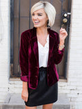 Aurohaya Velvet Blazer for Women with Notch Lapel Elegant Vintage Single-Breasted Long-Sleeve Jacket