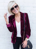 Aurohaya Velvet Blazer for Women with Notch Lapel Elegant Vintage Single-Breasted Long-Sleeve Jacket