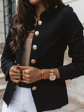 Aurohaya Short Officer Jacket for Women Button-Up Stand Collar Elegant Polyester Blazer