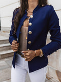 Aurohaya Short Officer Jacket for Women Button-Up Stand Collar Elegant Polyester Blazer